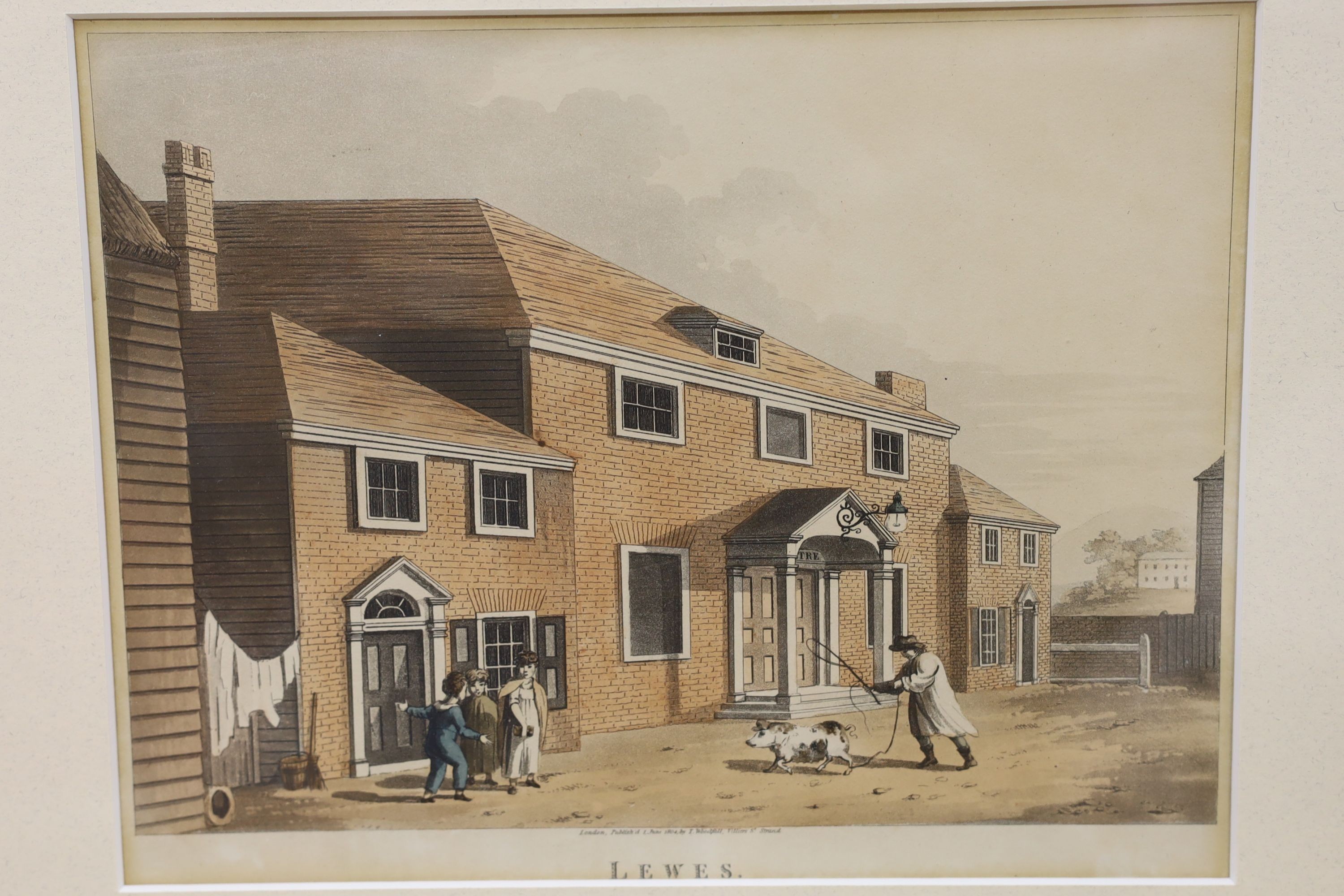 H.J. Gibbins (fl.1871-2), watercolour, 'Lewes', signed, 22 x 31cm, with two engravings of Lewes and a small print of The Pavilion at Brighton